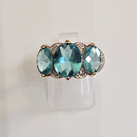 Stunning Caribbean Tourmaline & Diamond Ring Yellow Gold Vermeil Sz 7! - Picture 3 of 11